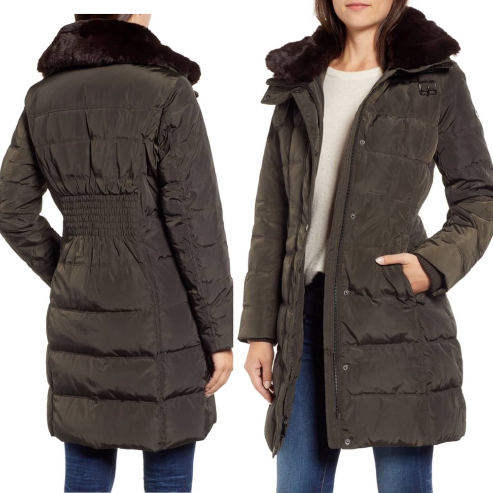 NEW Michael Kors Olive Fitted Bomber Style Long Coat